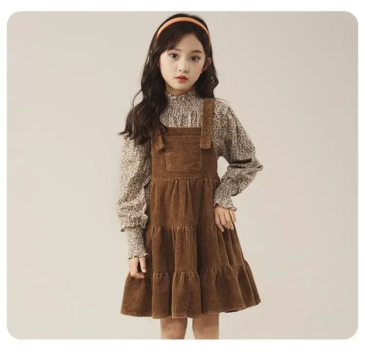 Autumn Children's Girls Daisy Printed Full Sleeve Tshirts and Flannel Suspenders Dress Set Elegant Lolita Spring Clothes