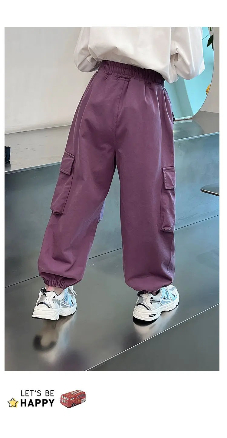 Girls Purple Casual Pants Big Children's Clothing Korean Black Cargo Long Pants Girls 2024 Spring Fashion New Cotton Trousers