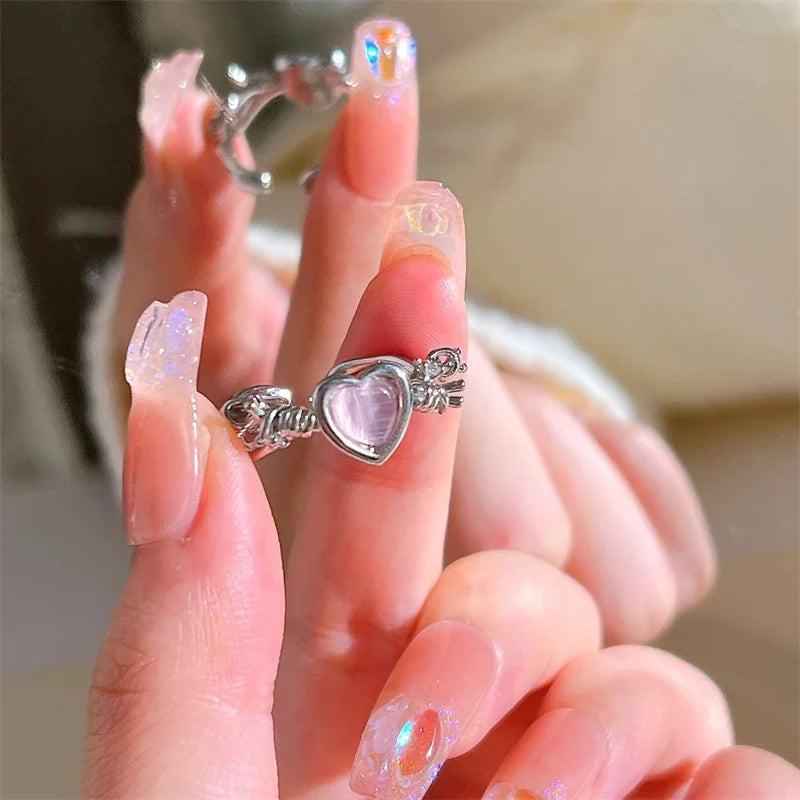 3pcs Fashion Love Heart Zircon Open Rings Set for Women Gothic Sweet Girls Geometric Finger Rings Y2K Party Jewelry Accessories