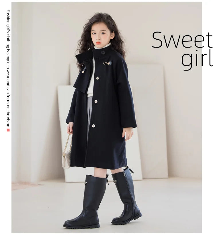 Winter Girls Wool Coat Long Double-faced Tweed Overcoat for Kids Fashion Casual Grey 10 12 14 Years Teenage Children Outerwear