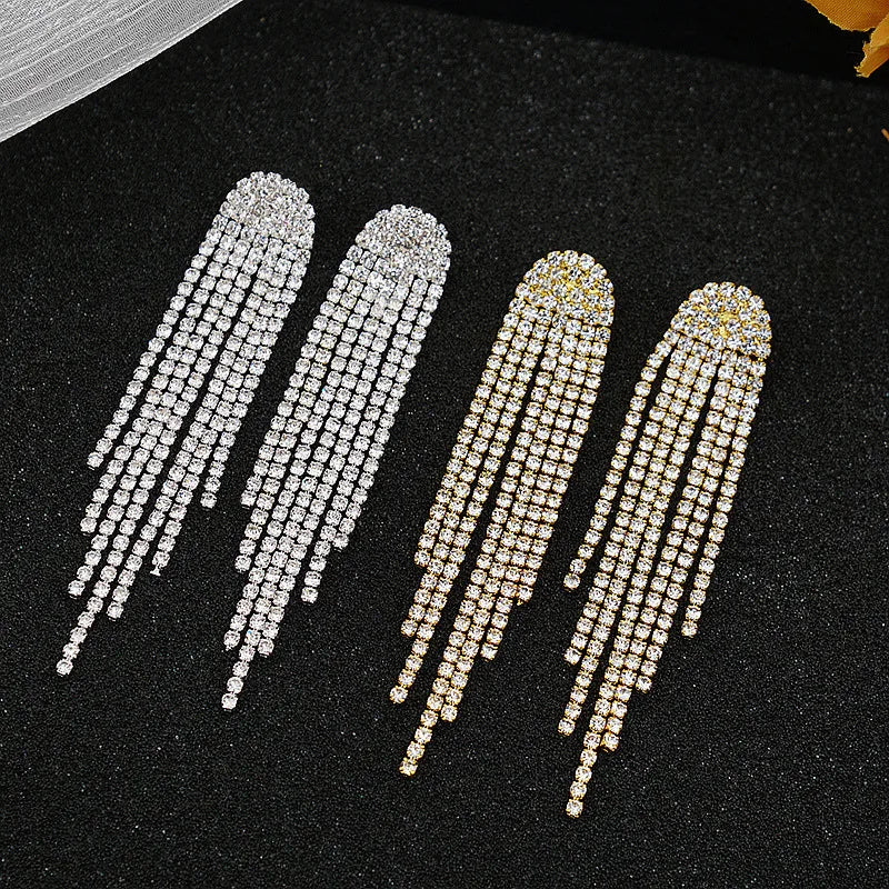 FYUAN Fashion Long Tassel Drop Earrings for Women Black Gold Silver Color Rhinestone Dangle Earring Wedding Party Jewelry