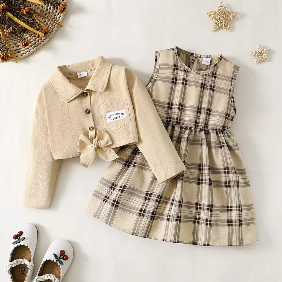 Children Clothing Elegant Almond-Colored Girls Dress Set Jacket and Grid Long Skirt Stylish Spring and Autumn Children Sets