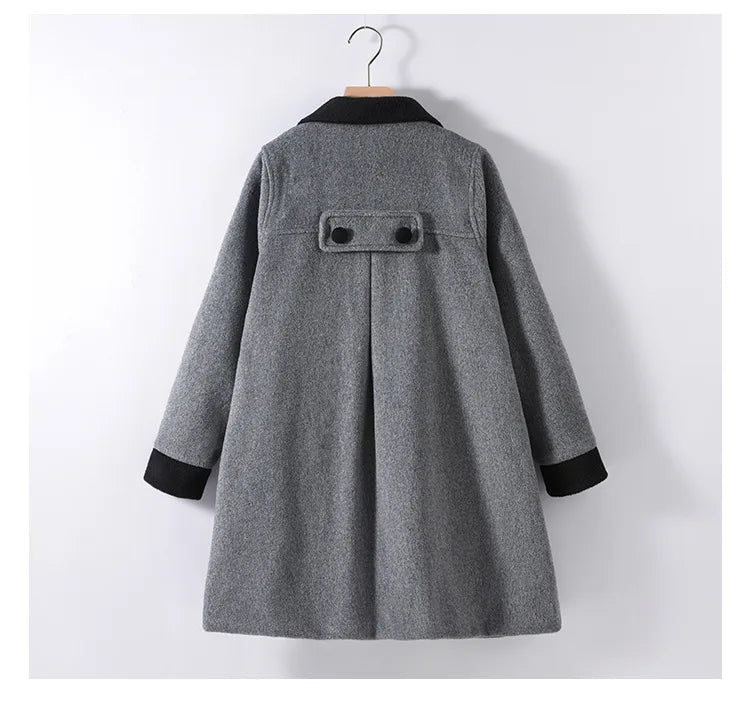 Winter Girls Wool Coat Long Double-faced Tweed Overcoat for Kids Fashion Casual Grey 10 12 14 Years Teenage Children Outerwear