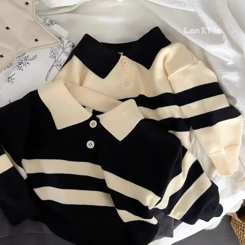 2023 New Korean Style Spring Autumn Children's Sweater Boys Girls Two-piece Button Striped Lapel Knitted Top Casual Fit Stylish