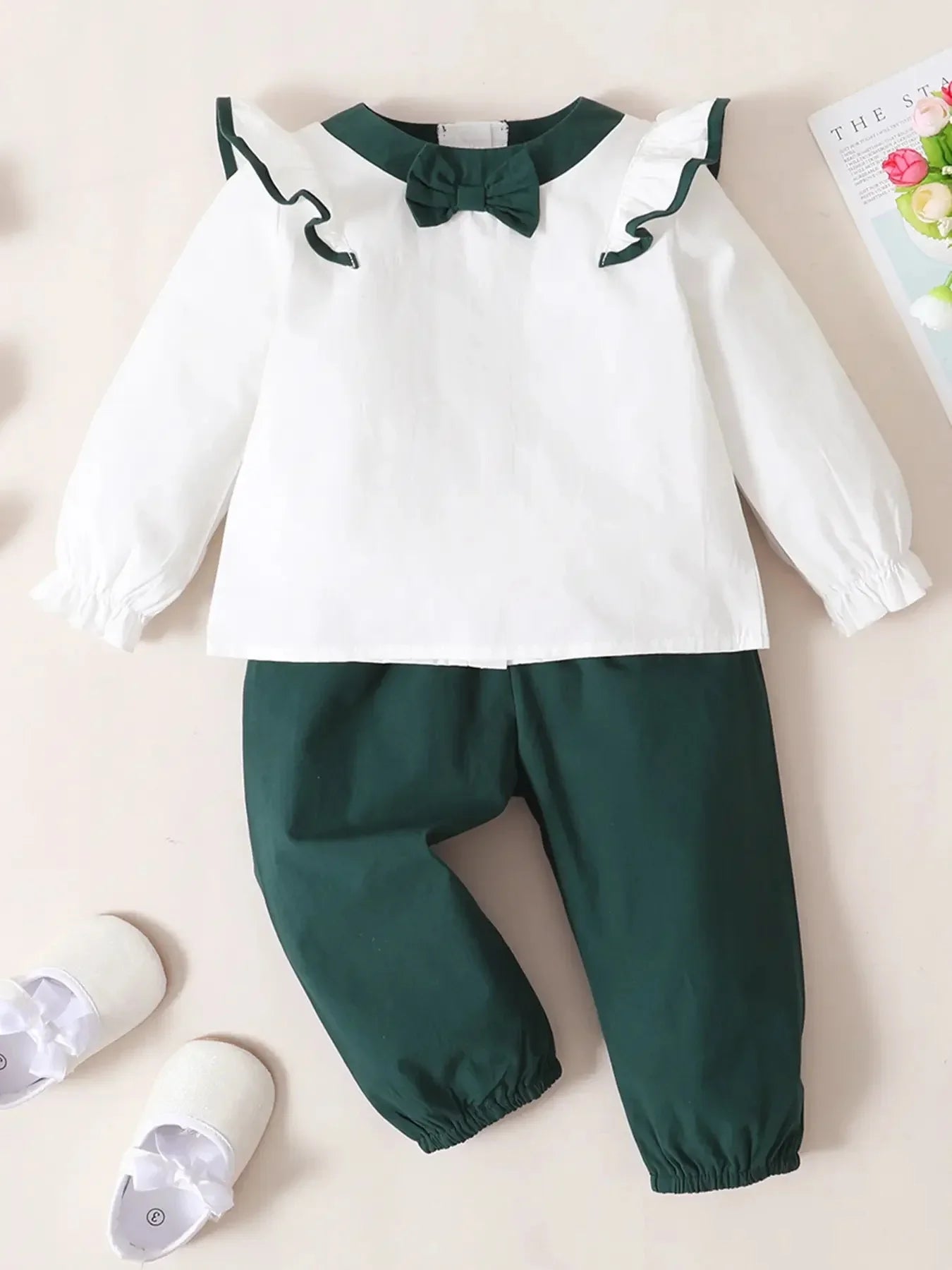 2PCS Toddler Girl Fashion Clothing Set Ruffled Collar Long Sleeved Top+Pants with Bow Spring&Autumn Solid Outfit for Kid 1-4Year