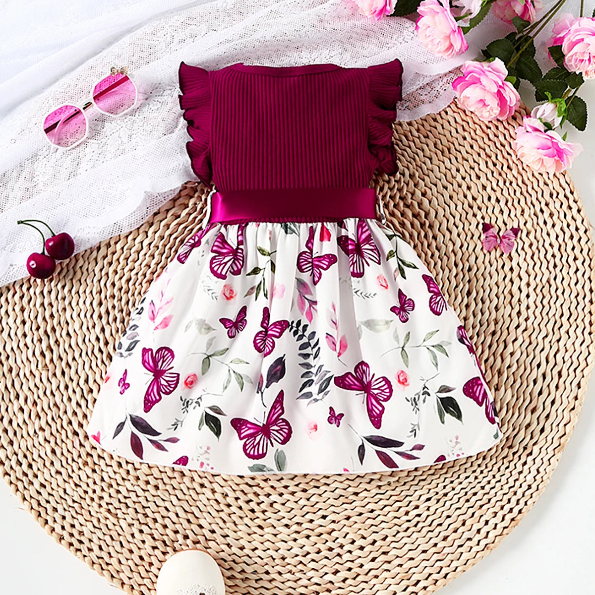 Baby Girl Butterfly and Plant Print Ruffle Sleeve Belt Dress