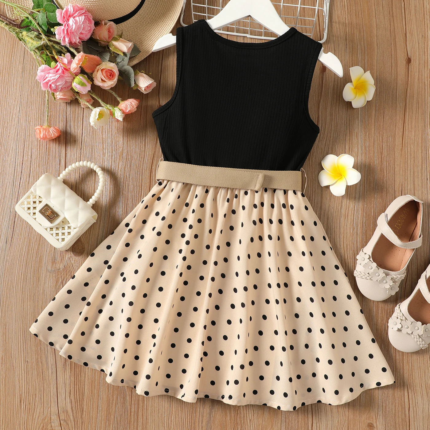 PatPat 2pcs Girl Dresses Kids Clothes Girl Polka Dots Ribbed Girls Splice Sleeveless Dress & Belt