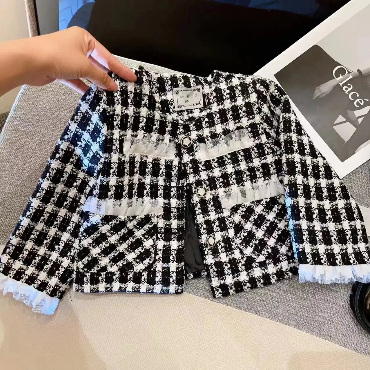 New Girls Set 2024 Autumn Baby Checkered Top Coat Short Skirt Sweet and Gentle Two Piece Set