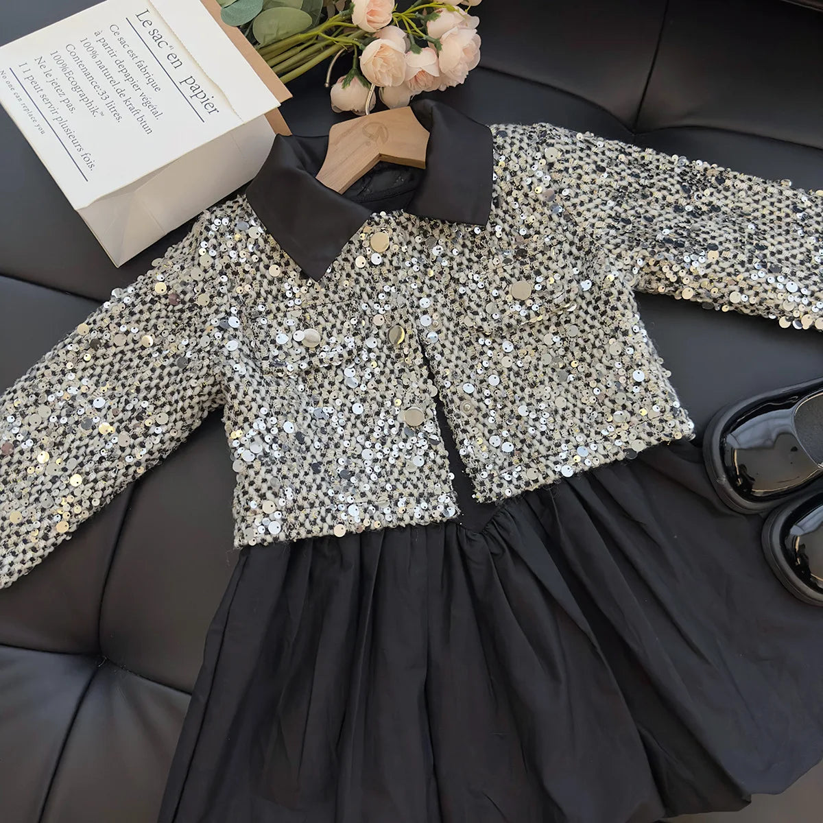 Girls Clothing Sets Autumn Spring Kids Child Toddler Sequins Coat and Dress Clothes Suit Children Girl Birhtday Clothes 2 4 6 8