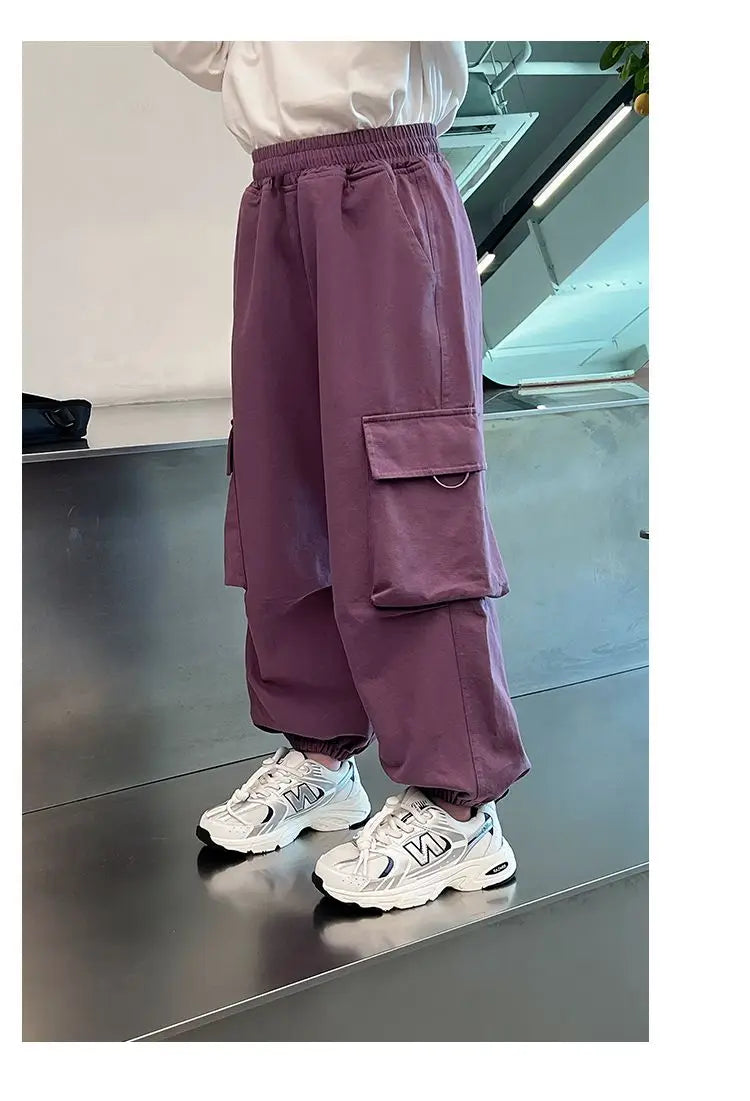 Girls Purple Casual Pants Big Children's Clothing Korean Black Cargo Long Pants Girls 2024 Spring Fashion New Cotton Trousers