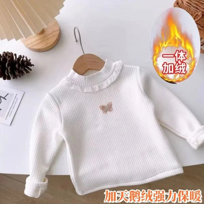 Toddler Baby Girl Velvet Warm Tops Children Turtleneck Butterfly Sweater Shirts 1-13Years Children Base Tops in Pink Beige 6 8 9