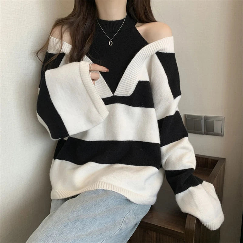 Y2K Stripe Halter Women Sweaters Korean Knitted Loose Patchwork Female Pullovers Autumn Preppy Style All Match Chic Ladies Tops