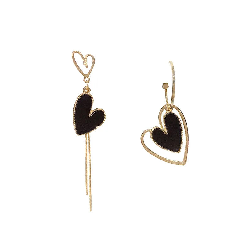 S925 Silver Needle Asymmetric Love Tassel Fashion Heart-shaped Long Earrings Jewelry Black And White Exaggerated Earrings Brinco