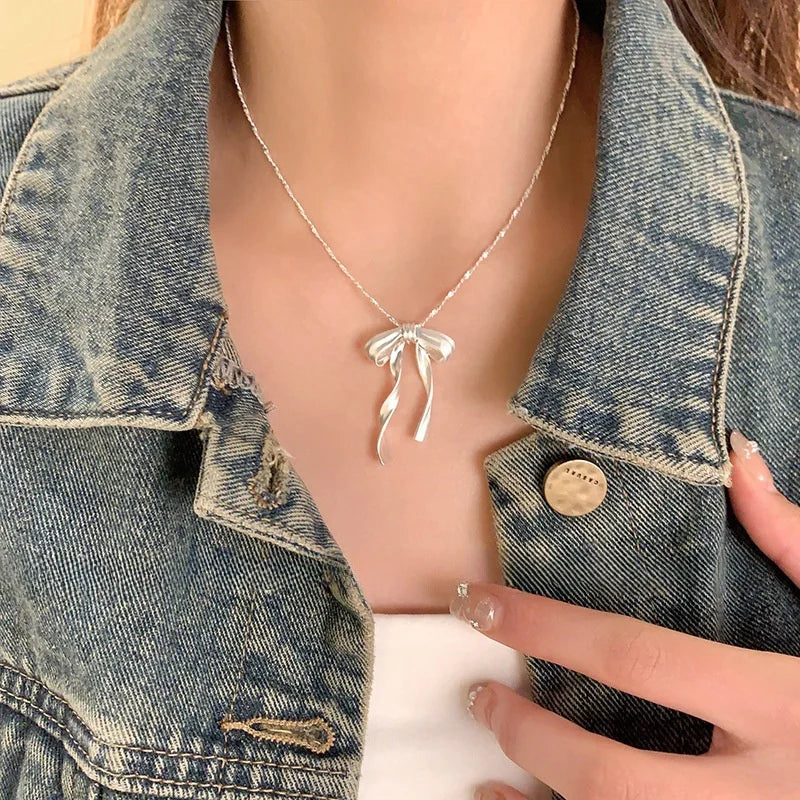 Exquisite Clavicle Chain Elegant Scrub Bow Pendant Necklace For Women Girls Temperament Collar Chain Korean Student