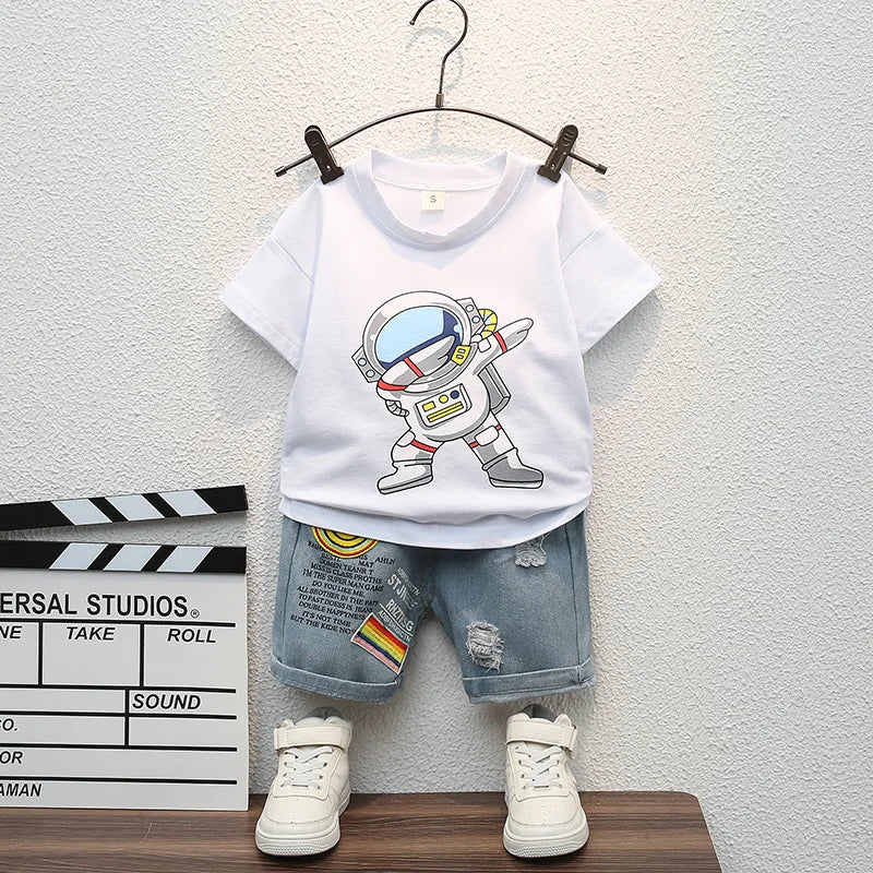 Summer New Baby Boys Clothes Cartoon Sports T-Shirt + Ripped Denim Shorts Sets for Toddler Infant Clothing Casual Outfits