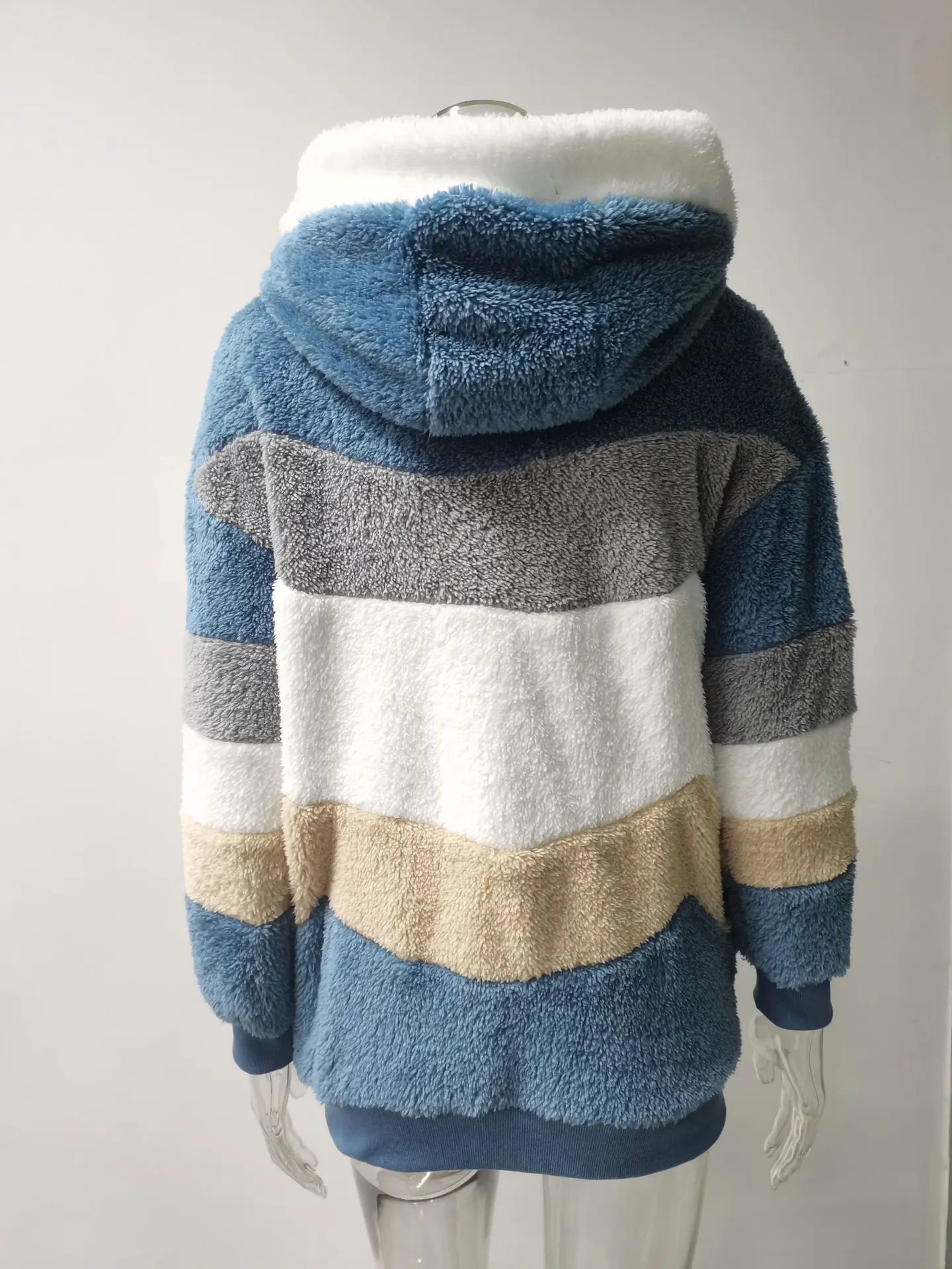 Women Striped Patchwork Fleece Hoodie Coat Autumn Winter Long Lantern Sleeve Loose Cardigan Hoodie Sweatshirt Coats