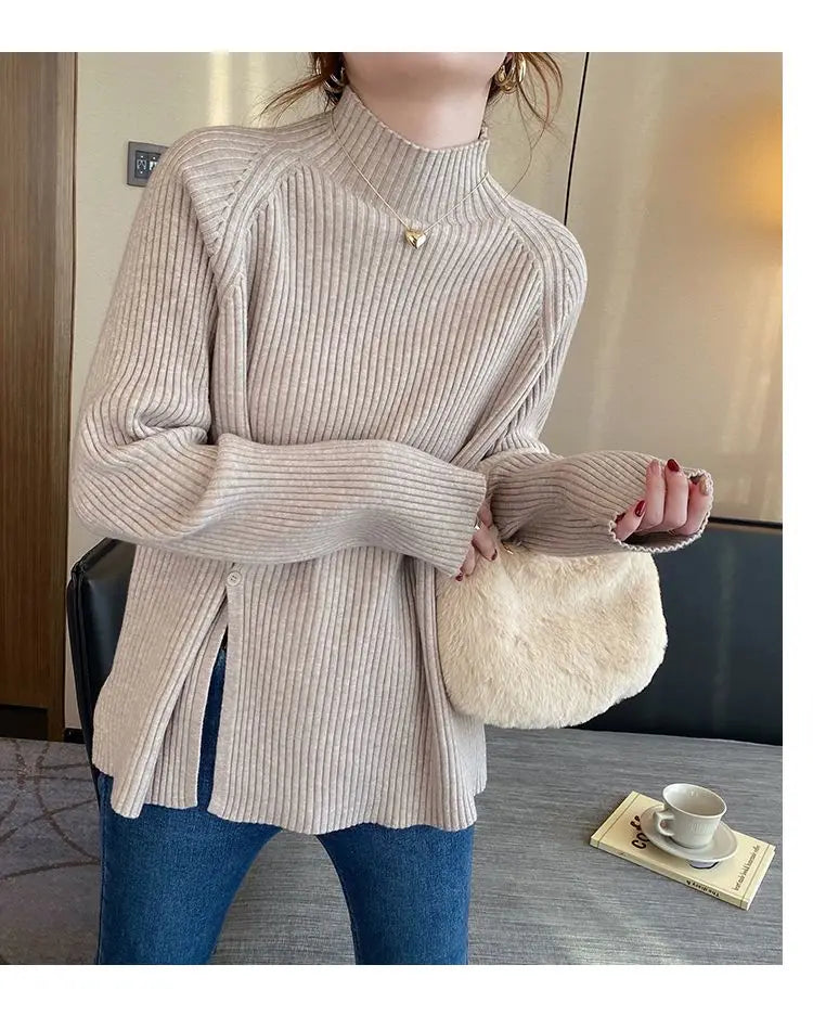 2024 Women Sweater Pullovers Turtlneck Casual Autumn Winter Split Fork Button Chic Sweater Female Slim Knit Top Soft Jumper Tops