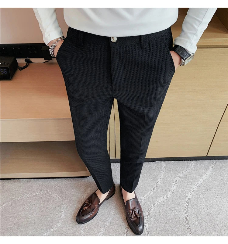 Suit Pants Autumn Winter Fashion Waffle Dress Pants For Men Clothing Business Casual Slim Fit Men's Formal Trousers High Quality