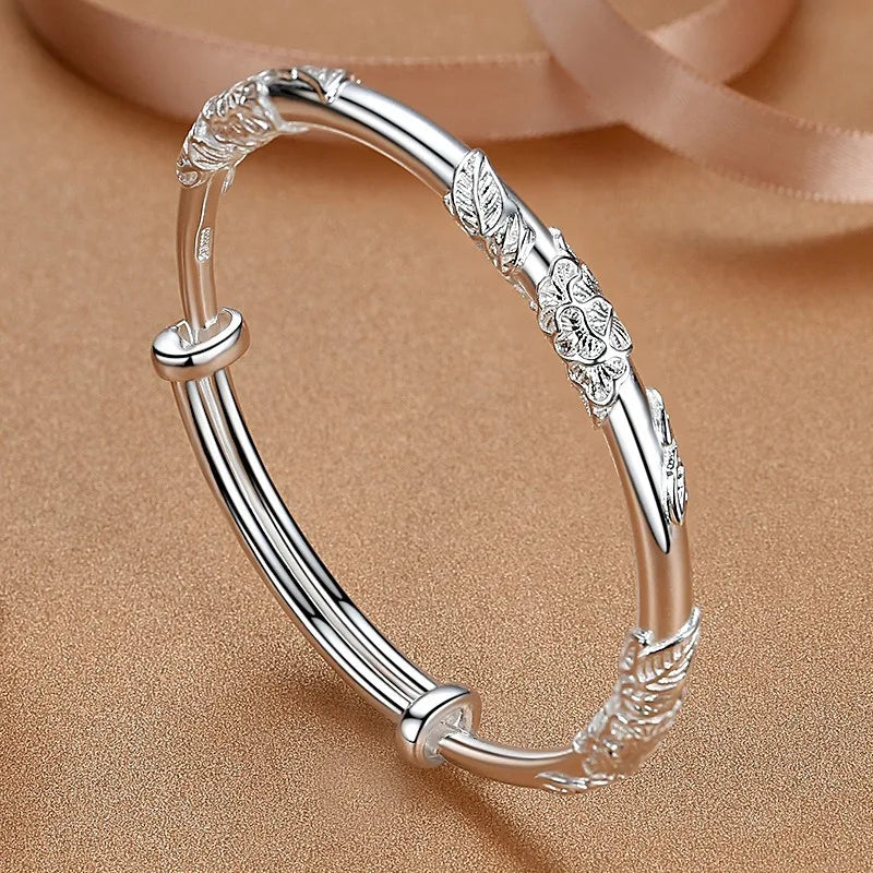 925 Sterling Silver Full-blown Flowers Bracelet For Women Original Light Luxury Texture Adjustable Solid Bracelet Party Jewelry