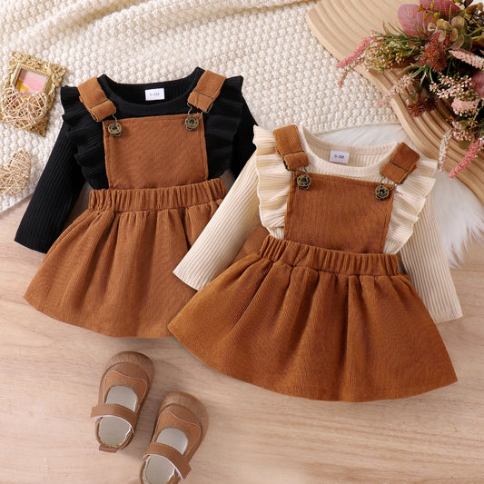 2PCS Autumn New Style For 0-1 Year Old Girls, Comfortable Simple And Fashionable Long-Sleeved Suit + Coffee Strap Skirt