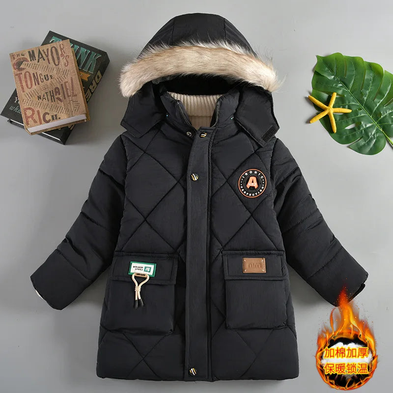 2024 Winter New Boys Jacket Solid Color Lining Plush Keep Warm Fur Collar Hooded Zipper Outerwear For 4-10Y Teen Kids Snowsuit