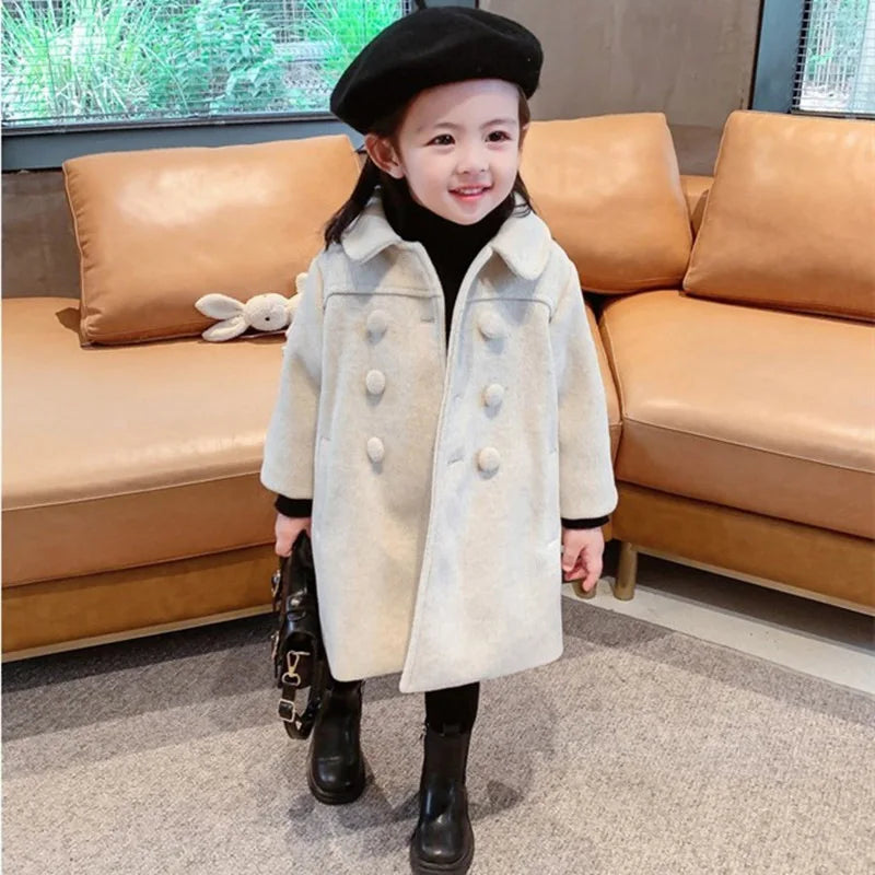 1-7 Years Girls Wool Coats New Fashion Korean Version Long Kids Jacket Spring Autumn Double Breasted Children Outerwear Clothing