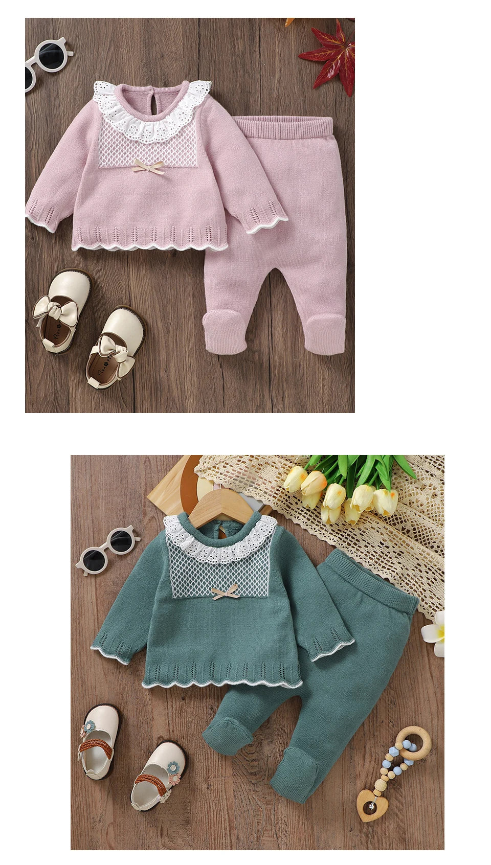 2pcs New Born Infant Clothes Spring Autumn Winter Toddler Kids Girls Crew Neck Long Sleeve Sweaters Tops+Pants Outfits 0-9M Wear