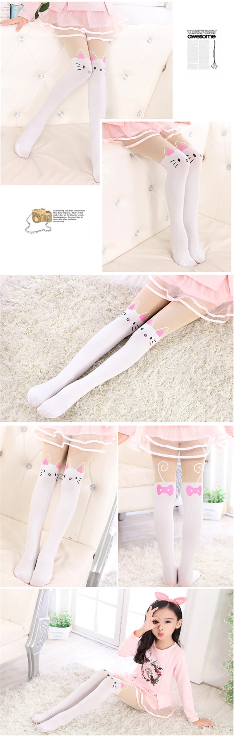 3-15Y Sweet Baby girl Kawaii tights kitten Cartoon Printed Princess Kids Pantyhose Cat Stripe Knee lovely Tattoo dance Stockings