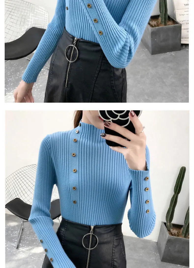 2024 Women Autumn Knitted Slim Sweaters Solid Knitted Female Cotton Soft Elastic Color Pullovers Button Full Sleeve Turtleneck