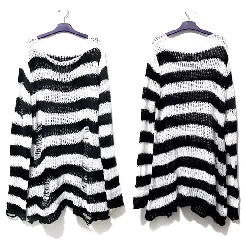 Autumn Punk Gothic Top Long  Unisex Sweater Women Striped Cool Hollow Out Hole Broken Jumper Loose Rock Thin Dark Streetwear