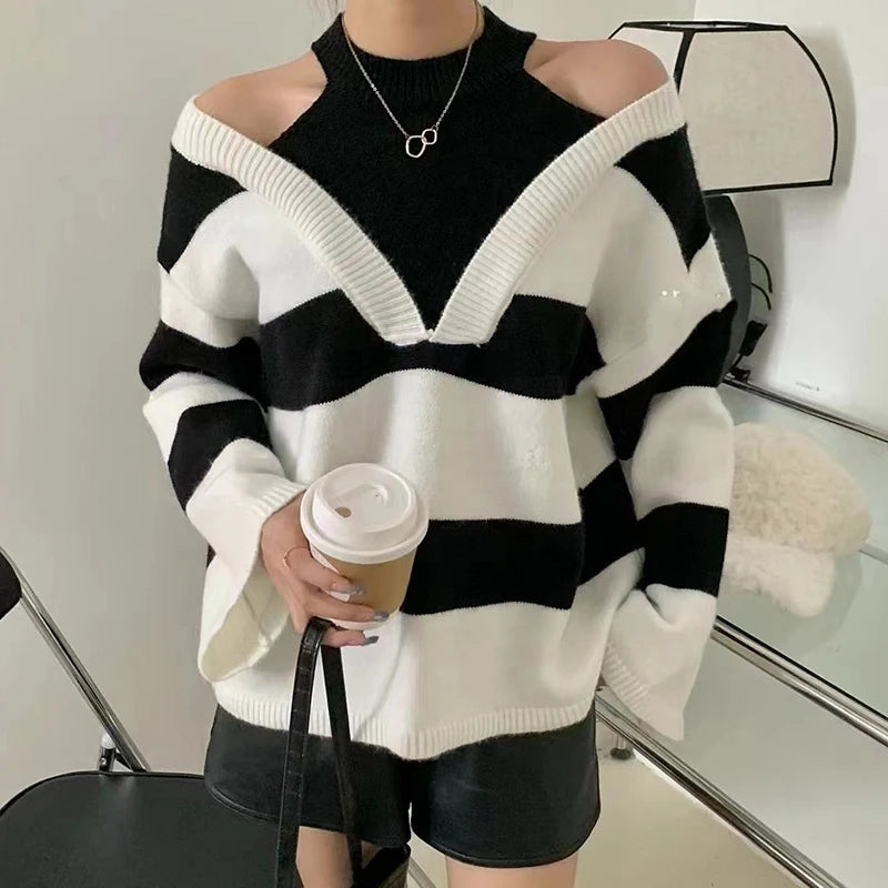 Y2K Stripe Halter Women Sweaters Korean Knitted Loose Patchwork Female Pullovers Autumn Preppy Style All Match Chic Ladies Tops