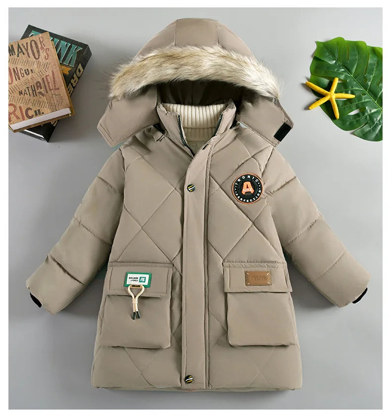 2024 Winter New Boys Jacket Solid Color Lining Plush Keep Warm Fur Collar Hooded Zipper Outerwear For 4-10Y Teen Kids Snowsuit