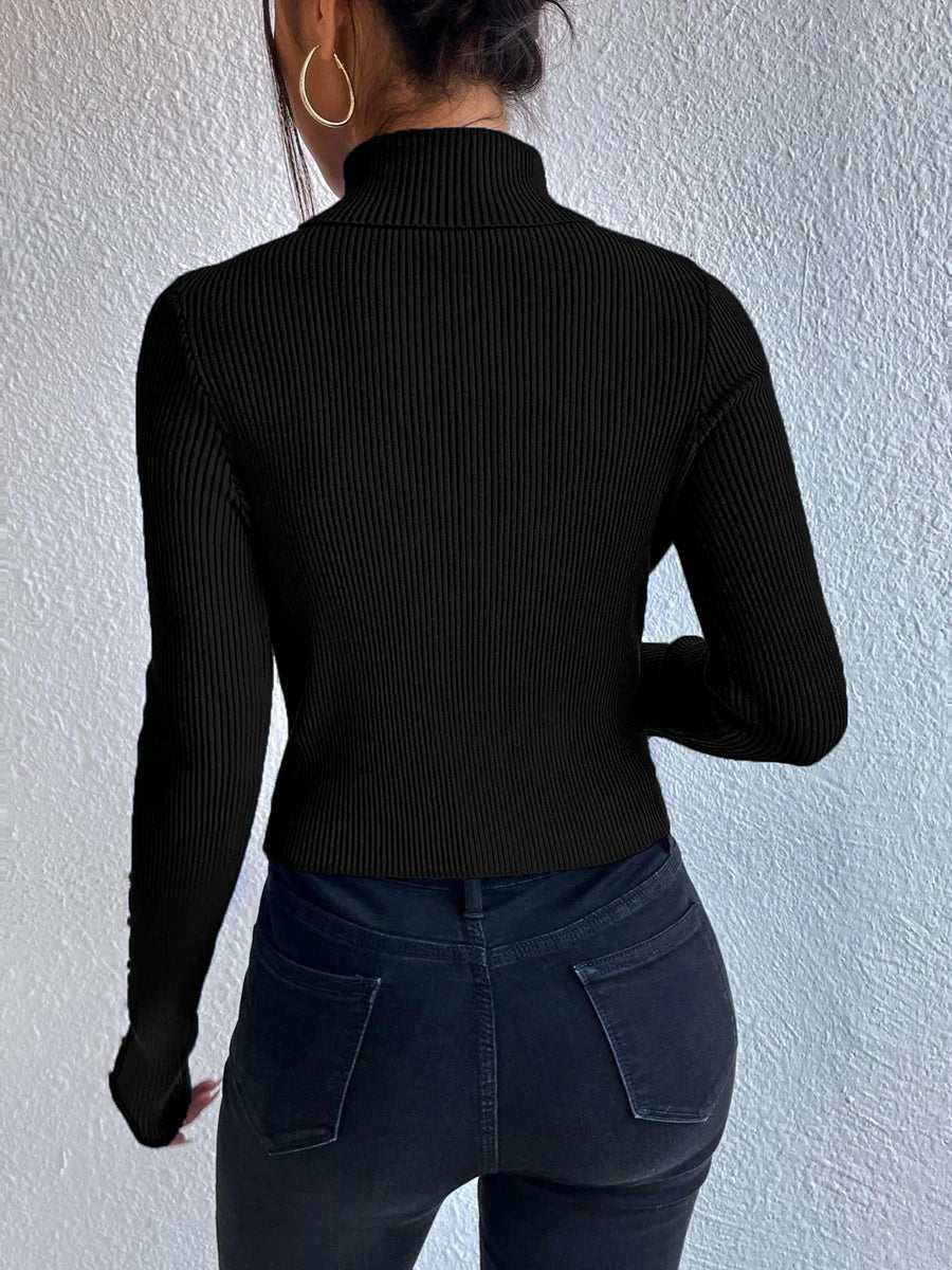 New Autumn Winter Women Fold Turtleneck Long Cut out Pearls Sleeve Pull Sweater Casual Rib-Knit Jumper Tops Female Y2K Clothing