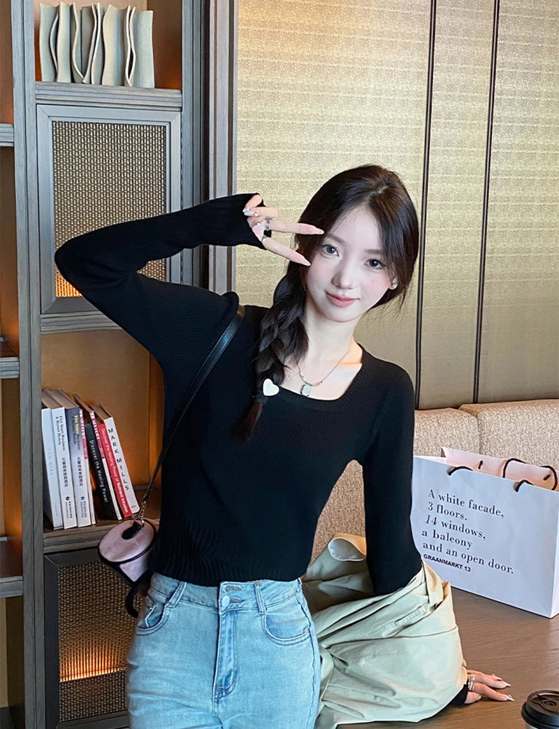 Autumn Winter Fashion Sweater Slim Knitted Pullover Women Square Collar Soft Solid Jumper Casual All Match Female Tops 2024 New