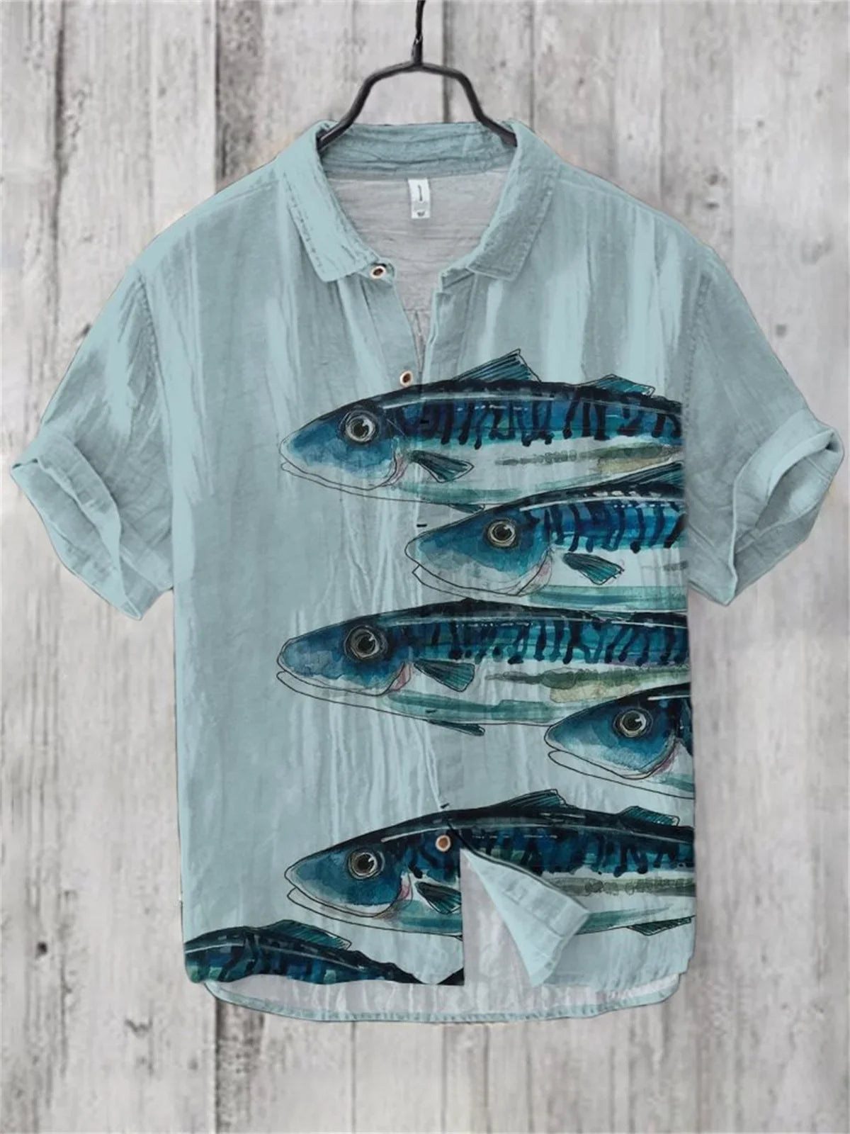 Men's Hawaiian Style Retro Fish Print Short Sleeved Shirt, Casual Linen Top, Loose and Breathable, Fashionable