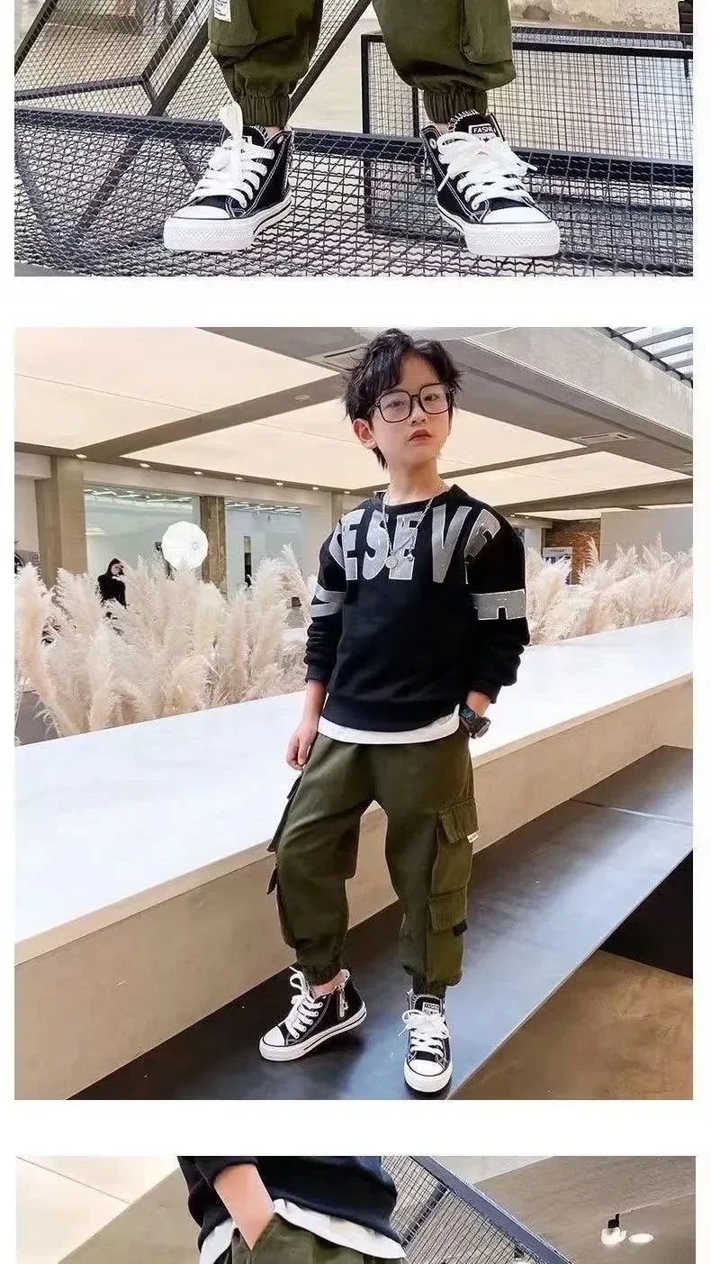 Boys Fleece-lined Pants Casual Loose Fit Winter Warm Cargo Pants Integrated Velvet For Kids Cross-border