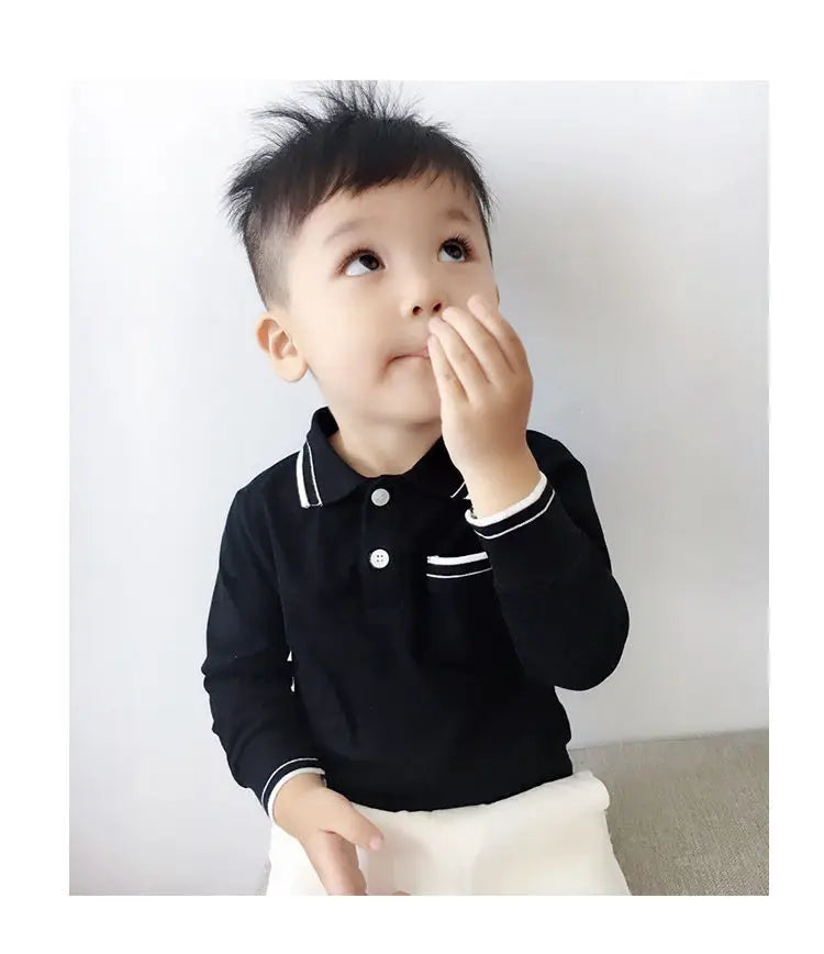 Boys Clothing Lapel Cotton Long Sleeve Spring New Korean Version Versatile Spliced Pocket Solid Color Kids Fashion Polo Shirt