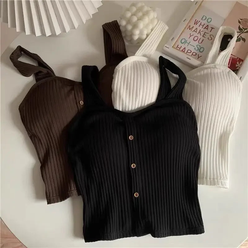 Women's Cropped Tops with Bra Pads Summer Corset Korean Suspenders Vest Sexy Camisole Slim