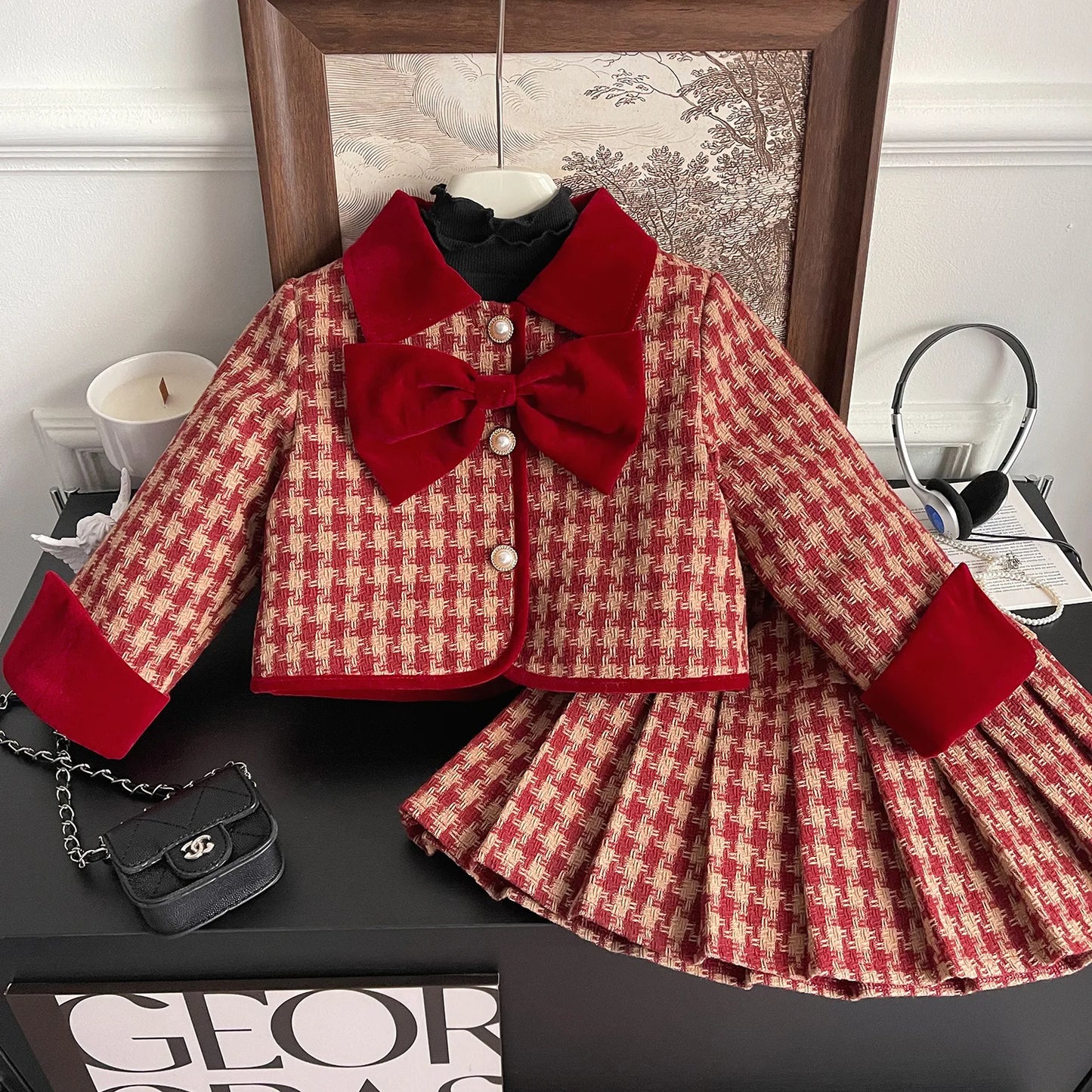 2024 Winter New Korean Edition Girls Red Grid Bow Set Baby Cotton Two Piece Set Toddler Girl Designable Gentle Clothes