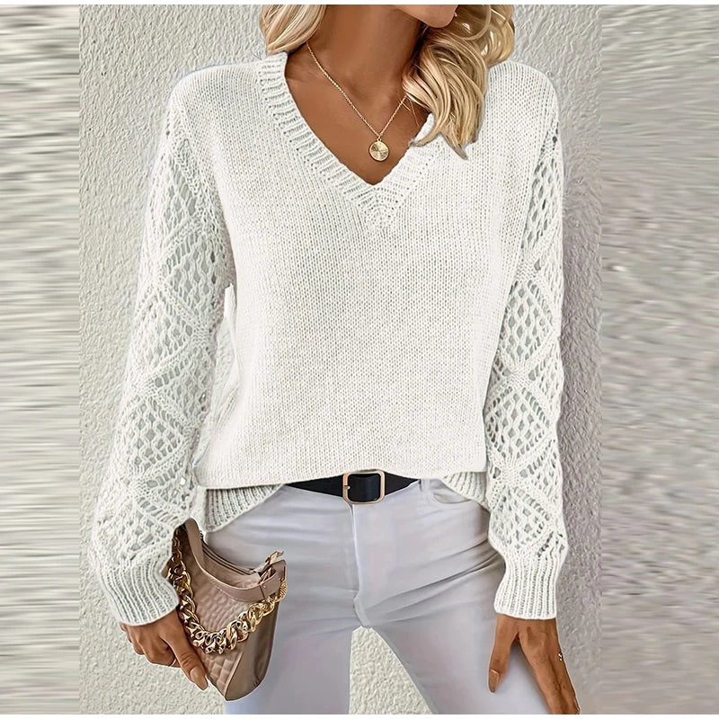 Casual Knitted Sweater Women Solid V Neck Hollow Out Long Sleeve Female Pullovers 2024 Autumn Fashion High Street Lady Knitwears