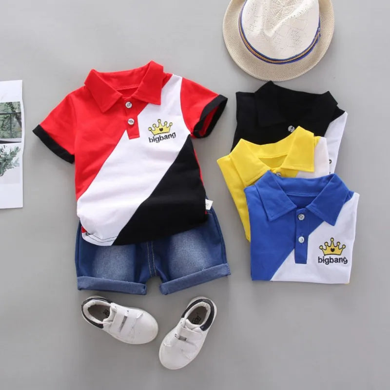 Boys Summer Shorts Set Lapel Patchwork Crown Short Sleeve Denim Shorts Two-Piece Set 0-6 Years Old Boys Children's Sets