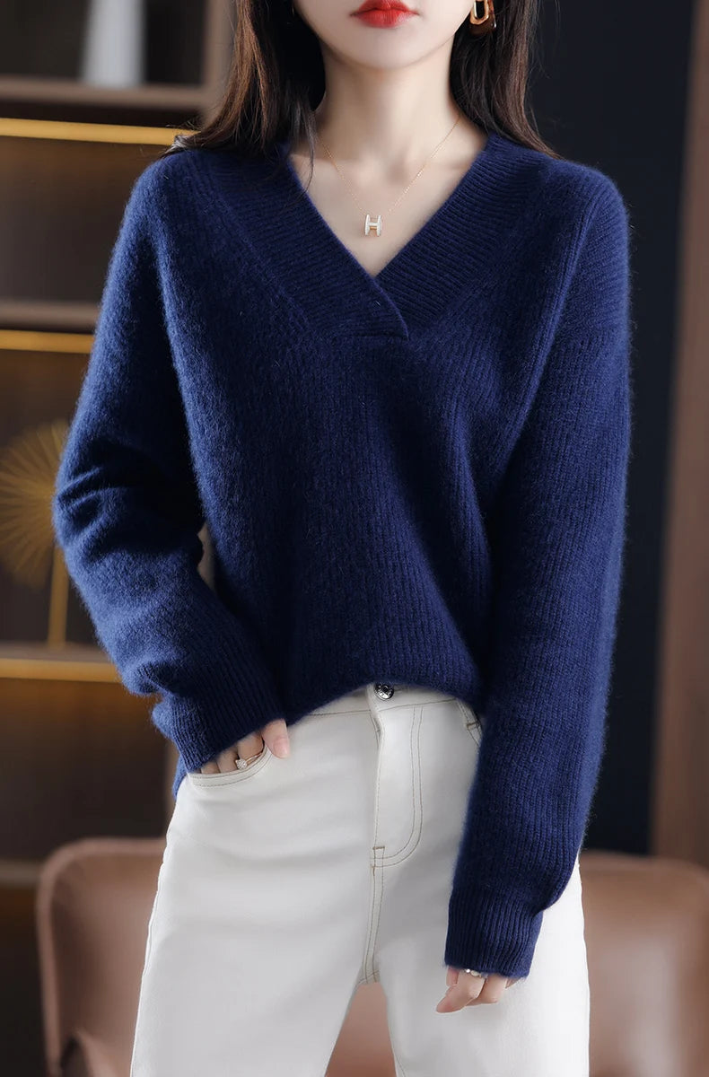 V-Neck Autumn Winter Sweater pullovers Women 2024 loose thick cashmere Sweater Pullover women oversize sweater jumper