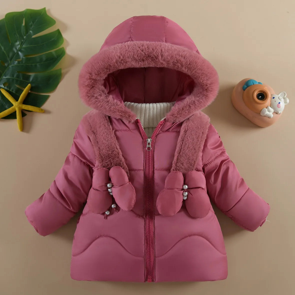 1 2 3 4 Years Baby Girls Jacket Winter New Solid Color Butterfly Decoration Lining Plush Warm Hooded Zipper Down Cotton Outwear