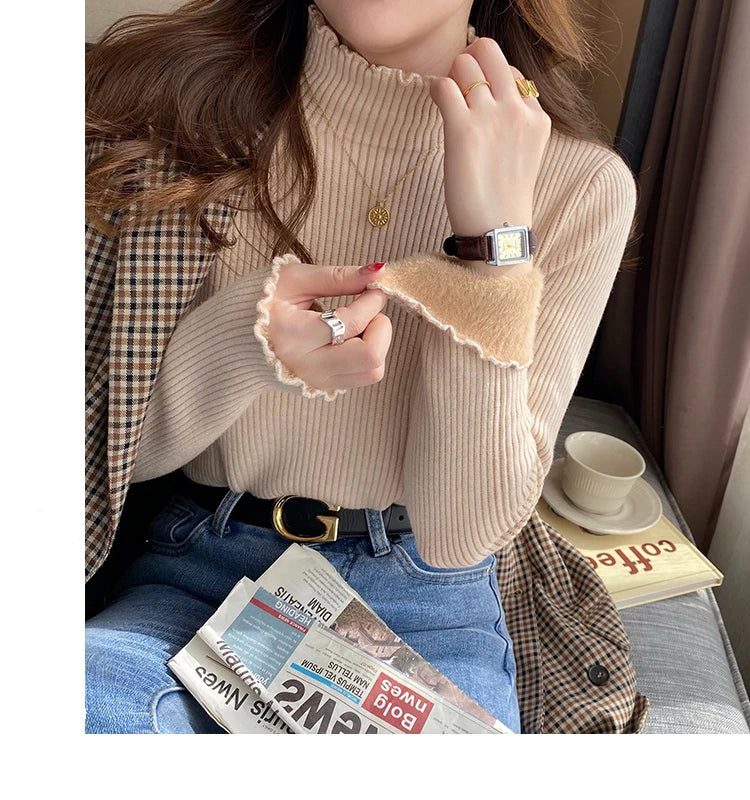 Autumn Winter Women Ruffles Mock Neck Sweater Thicken Fleece Warm Thermal Pullover For Women Cashmere Sweater 2023