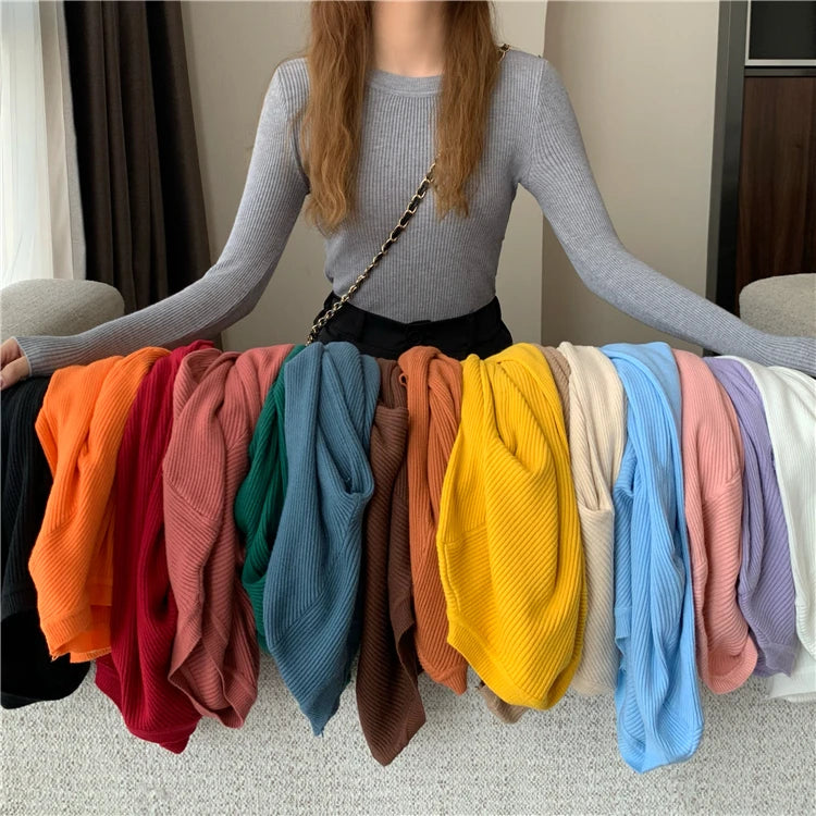 2024 New Women Sweater Autumn Winter Long Sleeve Pullover Basic Top Fashion O-neck Elastic Female Winter Solid Knitted Jumper