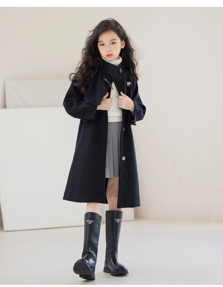 Winter Girls Wool Coat Long Double-faced Tweed Overcoat for Kids Fashion Casual Grey 10 12 14 Years Teenage Children Outerwear