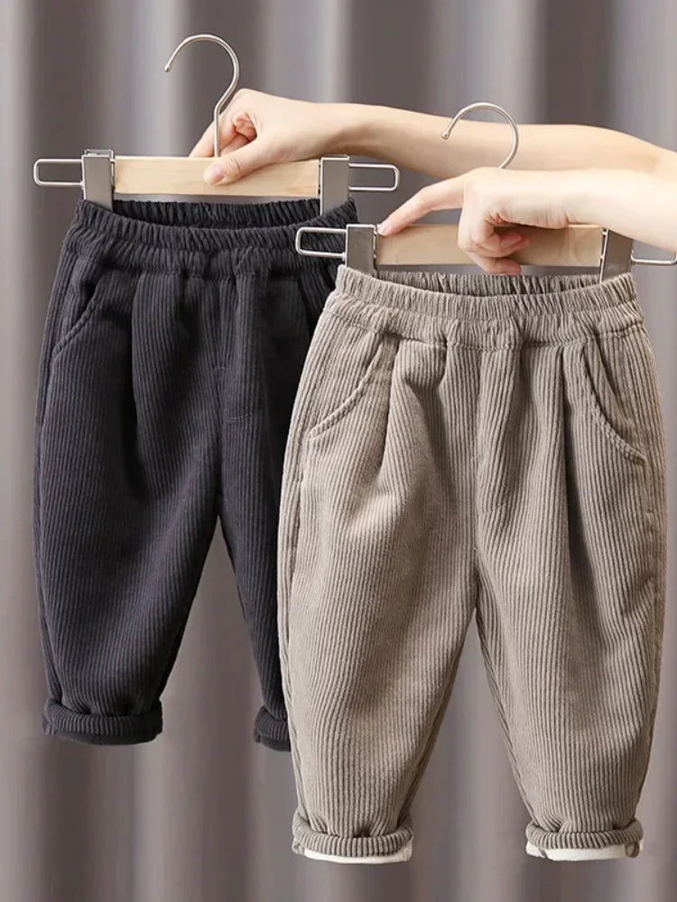 Boys' Plush Corduroy Pants for Winter Wear 2024 New Children Integrated Velvet Warm Pants for Boy Autumn with Plush Outer Wear