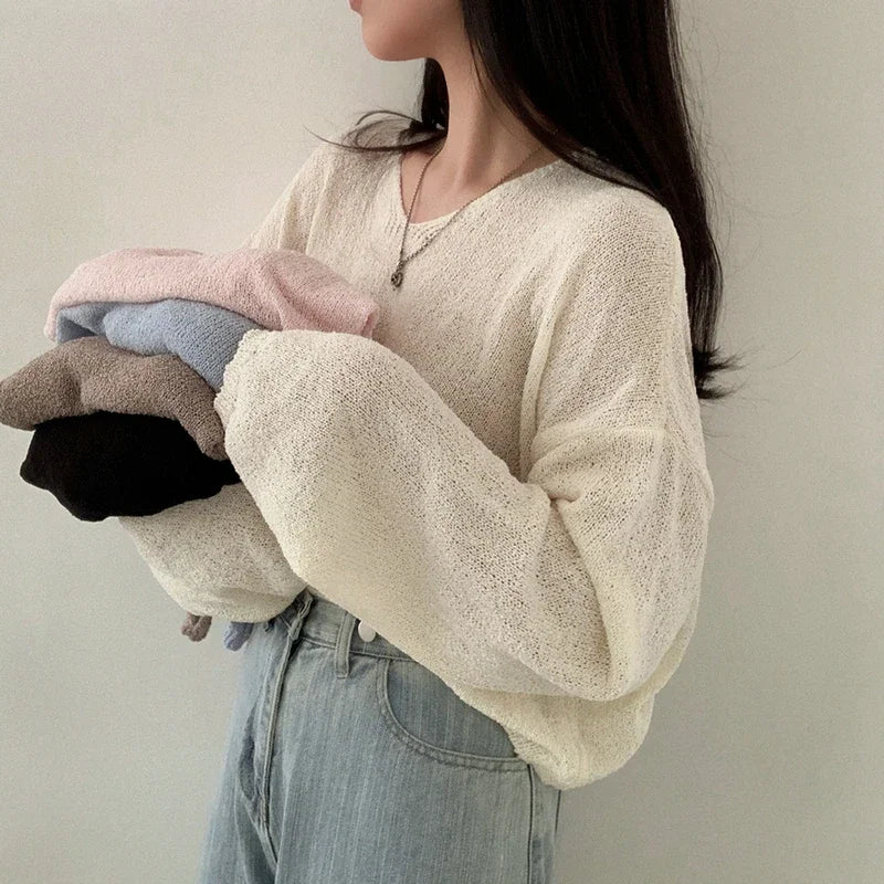 ITOOLIN Women V-Neck Loose Knitted Sweaters Long Sleeve Solid Casual Pullovers Sweater Women Streetwear Spring Autumn 2024