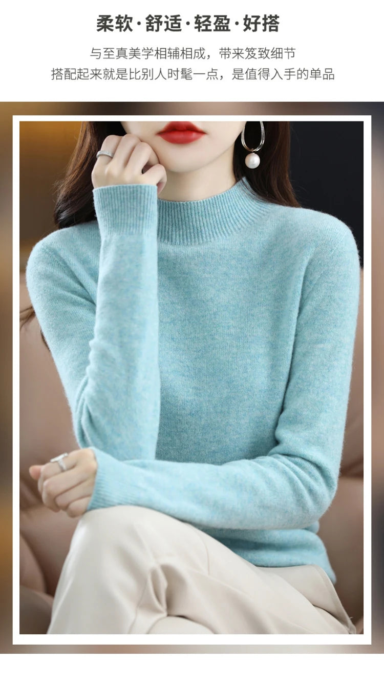 100% merino wool cashmere sweater women's sweater semi-high-necked long-sleeved pullover warm pullover in autumn and winter