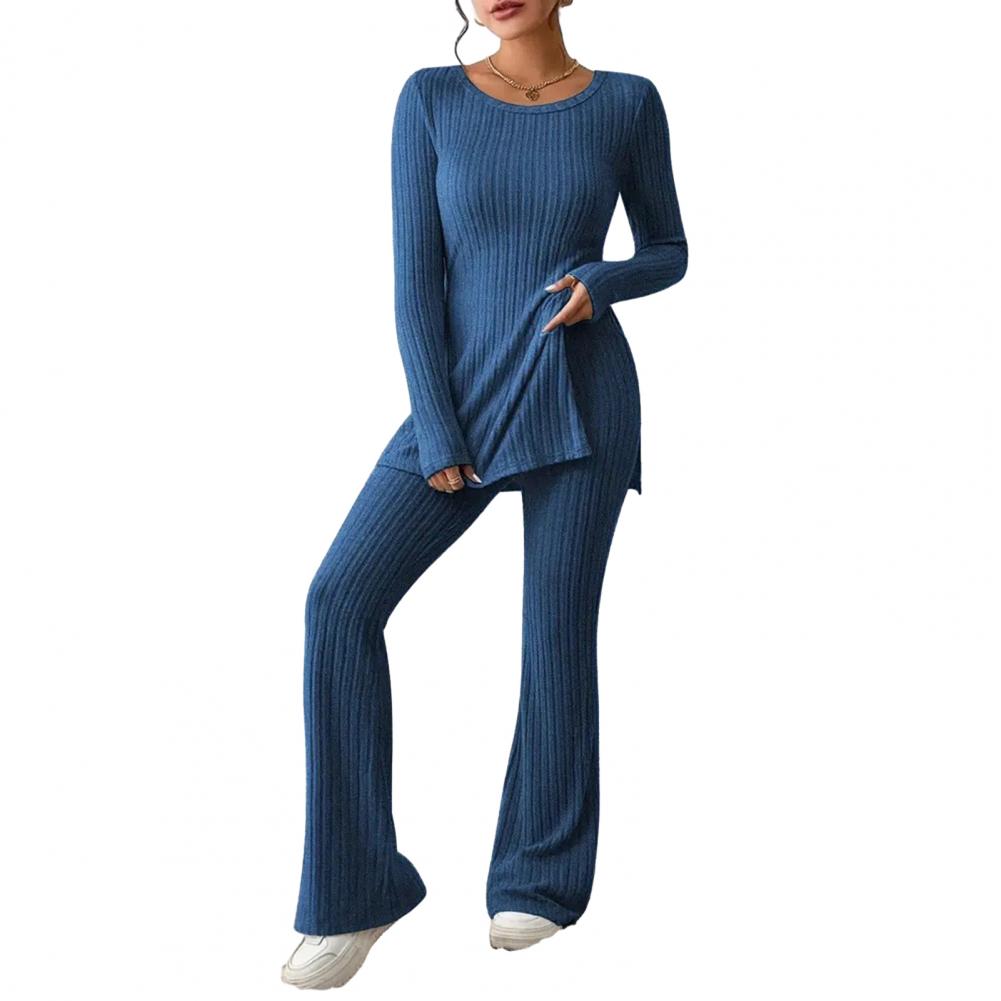 2023 Fall Winter Knitted 2 Piece Suits Women Long Sleeve Ribbed Slit Long Top and High Waist Pencil Pants Set Fashion Outfit